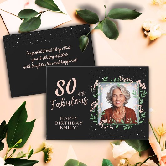 Elegant 80 and Fabulous Flower 80th Birthday Photo カード