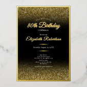 Elegant 80th Birthday Black and Gold Glitter 箔招待状 (正面)