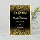 Elegant 80th Birthday Black and Gold Glitter 箔招待状 (立ち正面)