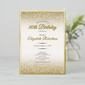 Elegant 80th Birthday Black and Gold Glitter 箔招待状 (立ち正面)