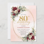 Elegant 80th Birthday Bohemian Floral Gold Invite 招待状 (正面)