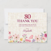 Elegant 80th Birthday for Her - Linen Floral サンキューカード (正面)