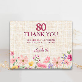 Elegant 80th Birthday for Her - Linen Floral サンキューカード