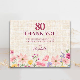 Elegant 80th Birthday for Her - Linen Floral サンキューカード