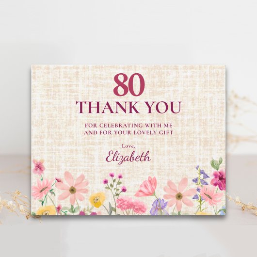 Elegant 80th Birthday for Her - Linen Floral サンキューカード