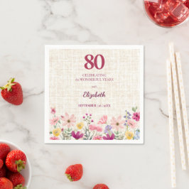 Elegant 80th Birthday for Her - Linen Floral スタンダードカクテルナプキン