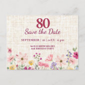 Elegant 80th Birthday for Her - Linen Floral 案内ポストカード (正面)