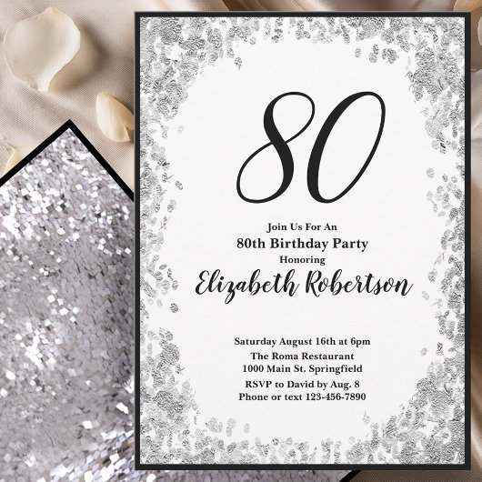 Elegant 80th Birthday Invitation For Her in Silver 招待状