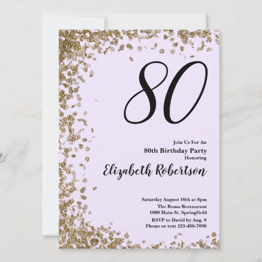 Elegant 80th Birthday Invitation Gold Sequins 招待状 (正面)