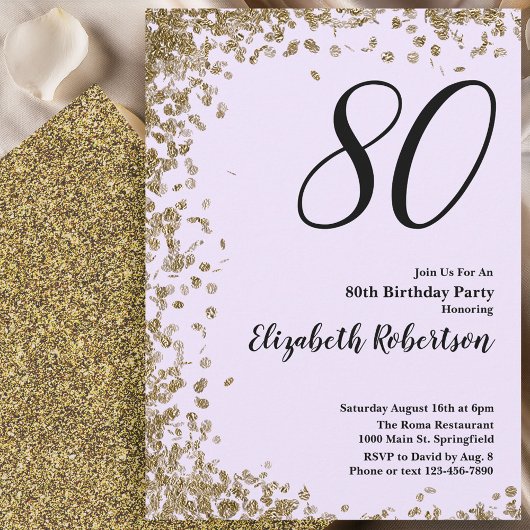 Elegant 80th Birthday Invitation Gold Sequins 招待状