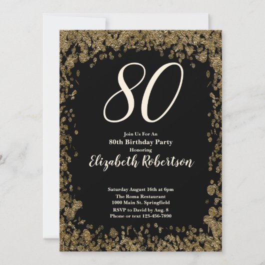 Elegant 80th Birthday Invitation With Gold Sequins 招待状 (正面)