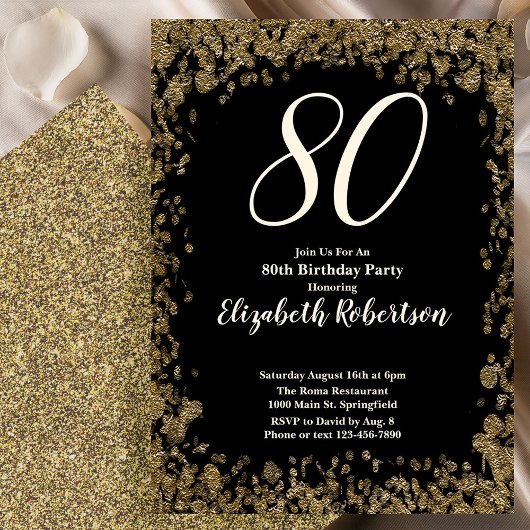 Elegant 80th Birthday Invitation With Gold Sequins 招待状