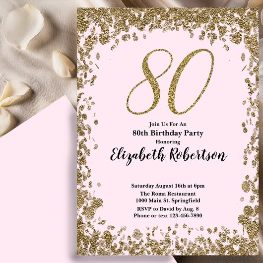 Elegant 80th Birthday Invitation With Gold Sequins 招待状