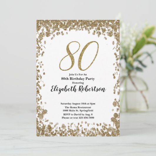 Elegant 80th Birthday Invitation With Gold Sequins 招待状 (スタンド正面)