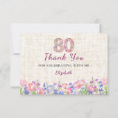 Elegant 80th Birthday Thanks for Her - Pink Floral サンキューカード (正面)