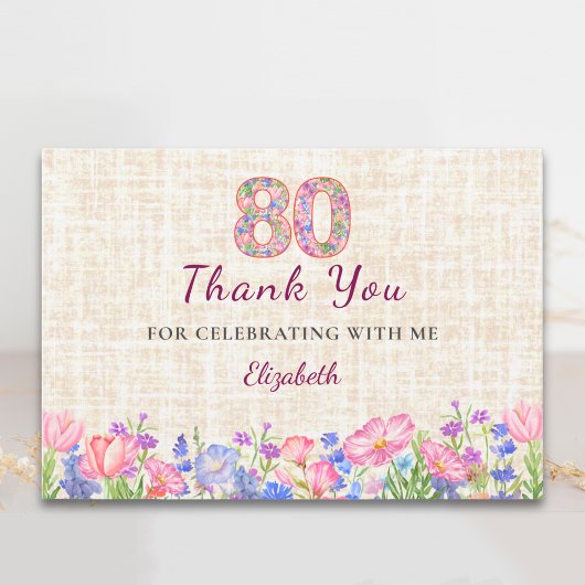 Elegant 80th Birthday Thanks for Her - Pink Floral サンキューカード
