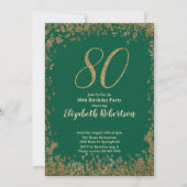 Elegant 80th Green Birthday Invitation Gold Sequin 招待状 (正面)