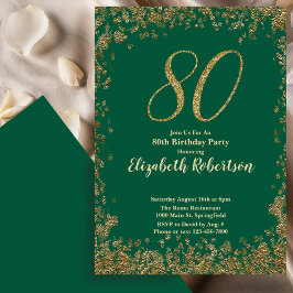 Elegant 80th Green Birthday Invitation Gold Sequin 招待状