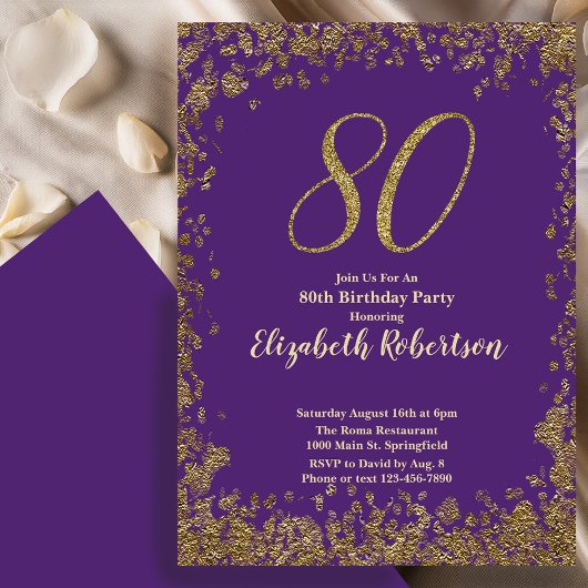 Elegant 80th Purple Birthday Invitation Gold  招待状
