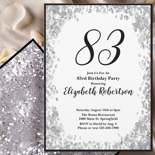Elegant 83rd Birthday Invitation For Her in Silver 招待状