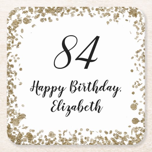 Elegant 84th Birthday Coasters With Gold Sequins スクエアペーパーコースター (正面)