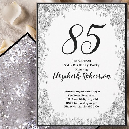 Elegant 85th Birthday Invitation For Her in Silver 招待状
