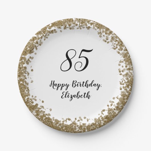 Elegant 85th Birthday Plates With Gold Sequins ペーパープレート (正面)