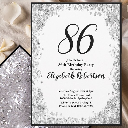 Elegant 86th Birthday Invitation For Her in Silver 招待状