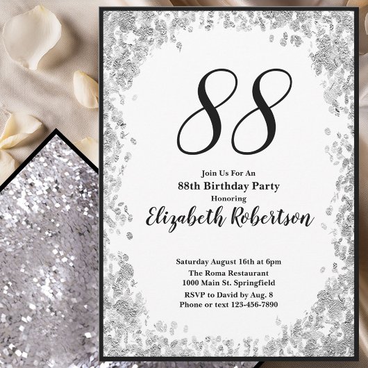 Elegant 88th Birthday Invitation For Her in Silver 招待状