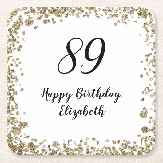 Elegant 89th Birthday Coasters With Gold Sequins スクエアペーパーコースター (正面)