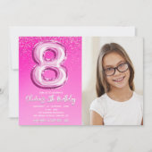 Elegant 8th Birthday Pink Number Balloon with phot 招待状 (正面)