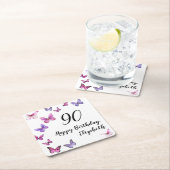 Elegant 90th Birthday Butterflies Custom Name スクエアペーパーコースター (インサイチュ)