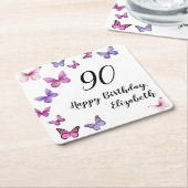 Elegant 90th Birthday Butterflies Custom Name スクエアペーパーコースター (アングル)