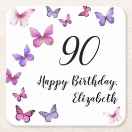 Elegant 90th Birthday Butterflies Custom Name スクエアペーパーコースター