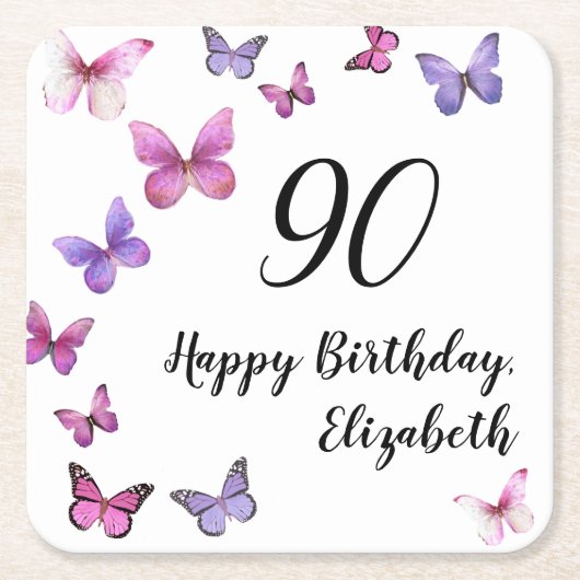 Elegant 90th Birthday Butterflies Custom Name スクエアペーパーコースター (正面)