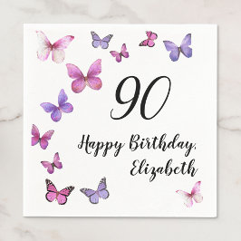 Elegant 90th Birthday Butterflies Custom Name スタンダードカクテルナプキン