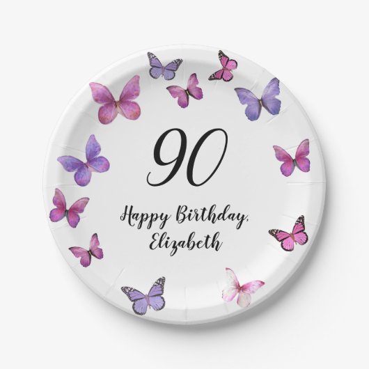 Elegant 90th Birthday Butterflies Custom Name ペーパープレート (正面)