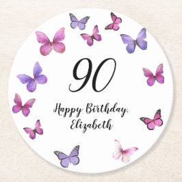 Elegant 90th Birthday Butterflies Custom Name ラウンドペーパーコースター