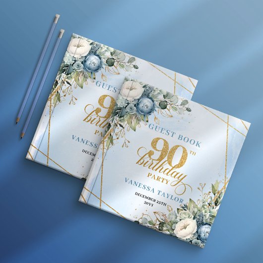 Elegant 90th Birthday Dusty Blue Floral Frame Book ゲストブック