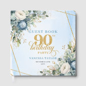 Elegant 90th Birthday Dusty Blue Floral Frame Book ゲストブック (正面)