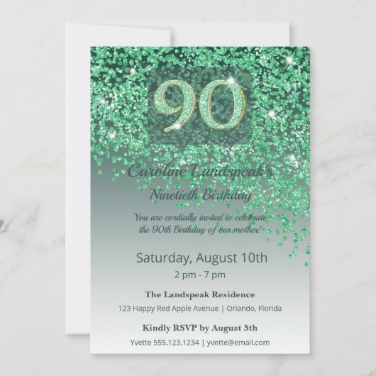 Elegant 90th Birthday Emerald Green Glitter  招待状 (正面)