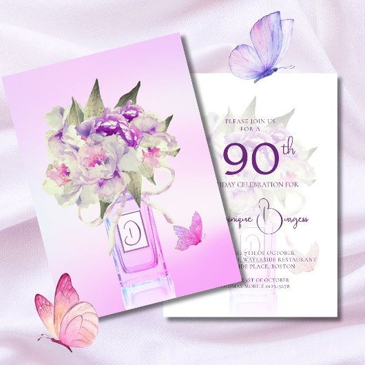 Elegant 90th Birthday Floral Bouquet Watercolor 招待状