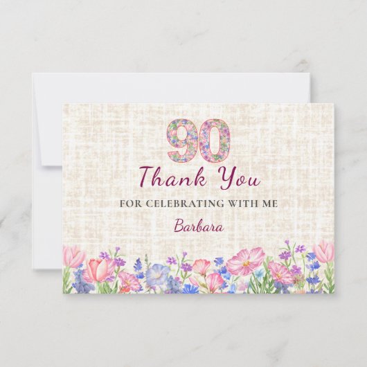 Elegant 90th Birthday for Her - Pink Flowers サンキューカード (正面)