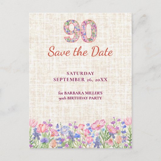 Elegant 90th Birthday for Her - Pink Flowers 案内ポストカード (正面)