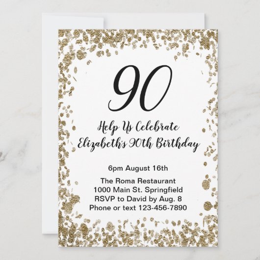 Elegant 90th Birthday Invitation Black and Gold  招待状 (正面)