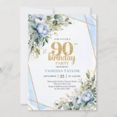 Elegant 90th Birthday Invitation Blue Floral Gold  招待状 (正面)