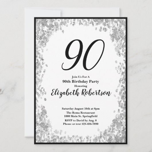 Elegant 90th Birthday Invitation For Her in Silver 招待状 (正面)