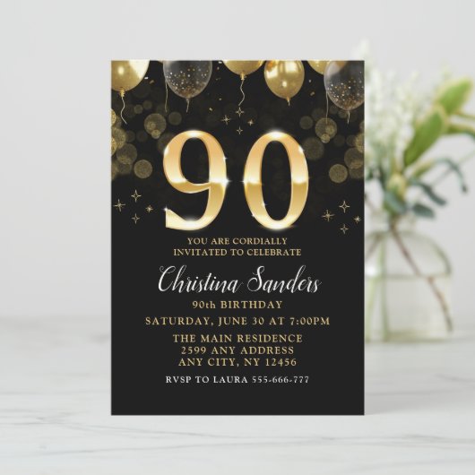 Elegant 90th Birthday Invitation with Gold Glitter 招待状 (スタンド正面)