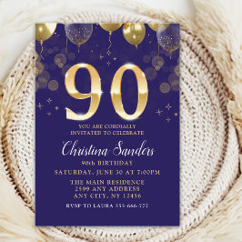 Elegant 90th Birthday Invitation with Gold Glitter 招待状