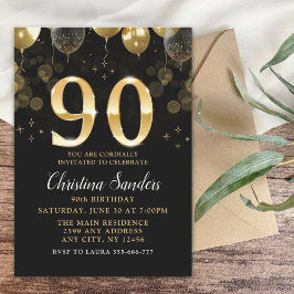Elegant 90th Birthday Invitation with Gold Glitter 招待状